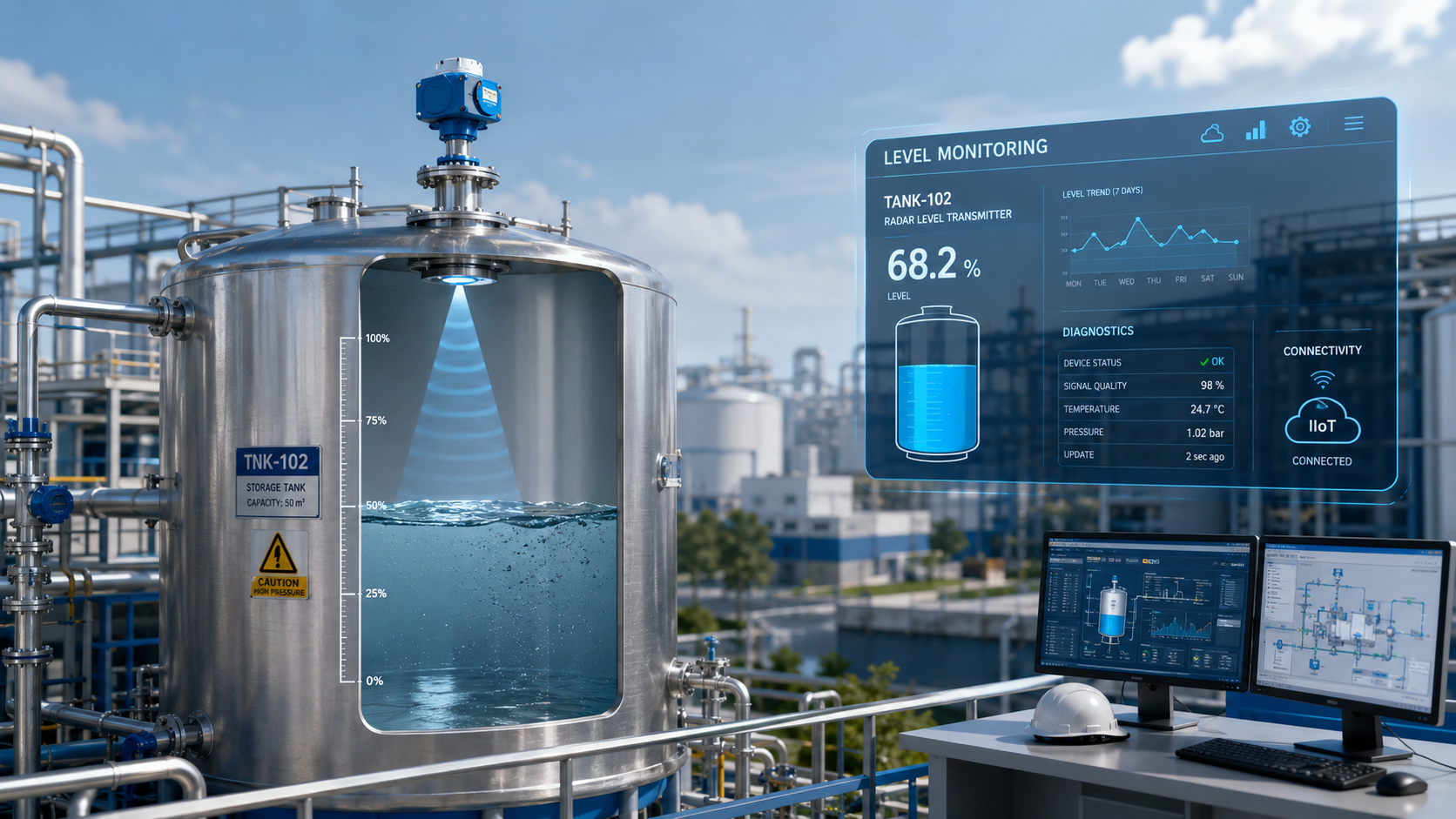Level measurement instruments and industrial storage tanks